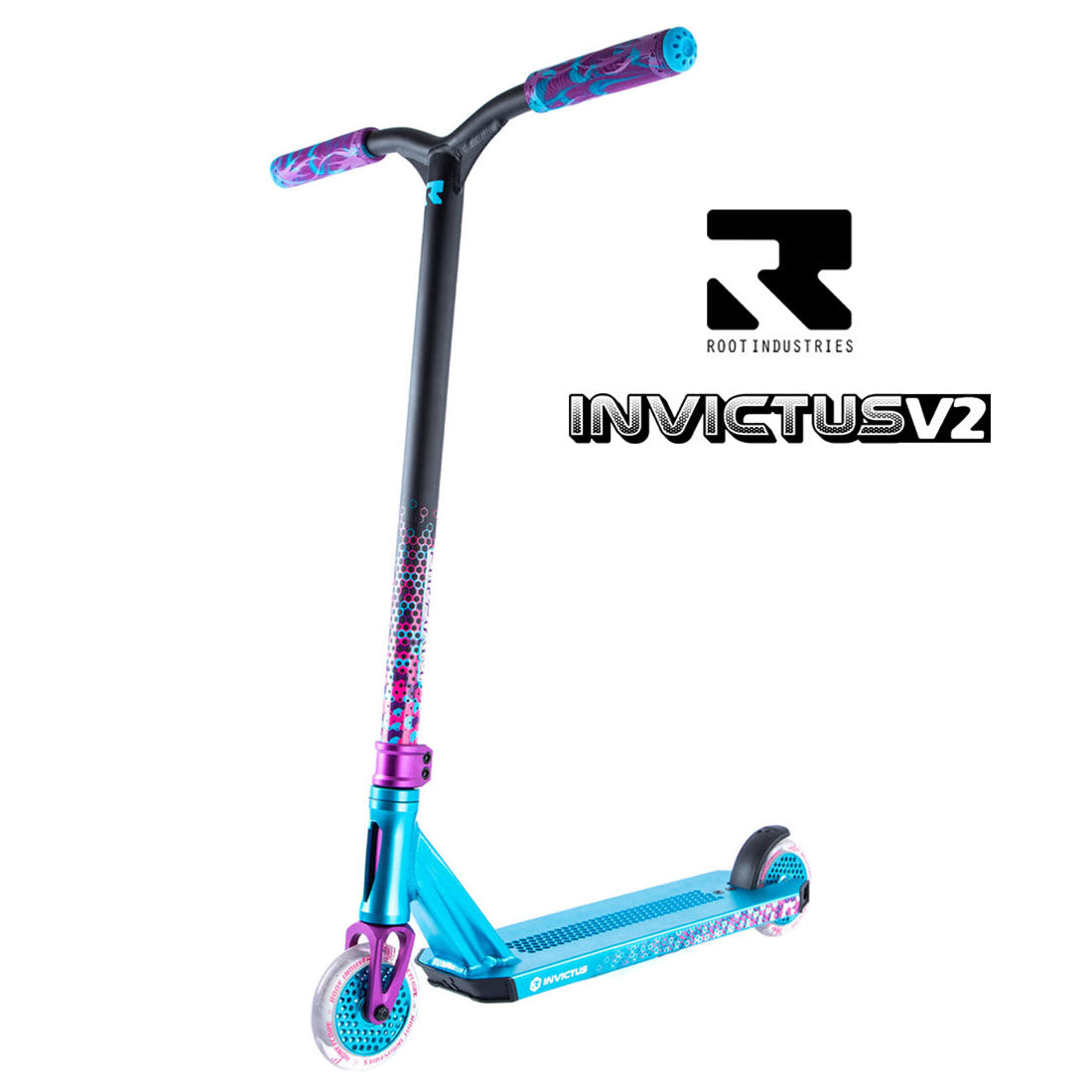 Root Industries Invictus V2 - Teal/Purple Scooter Completes Trick