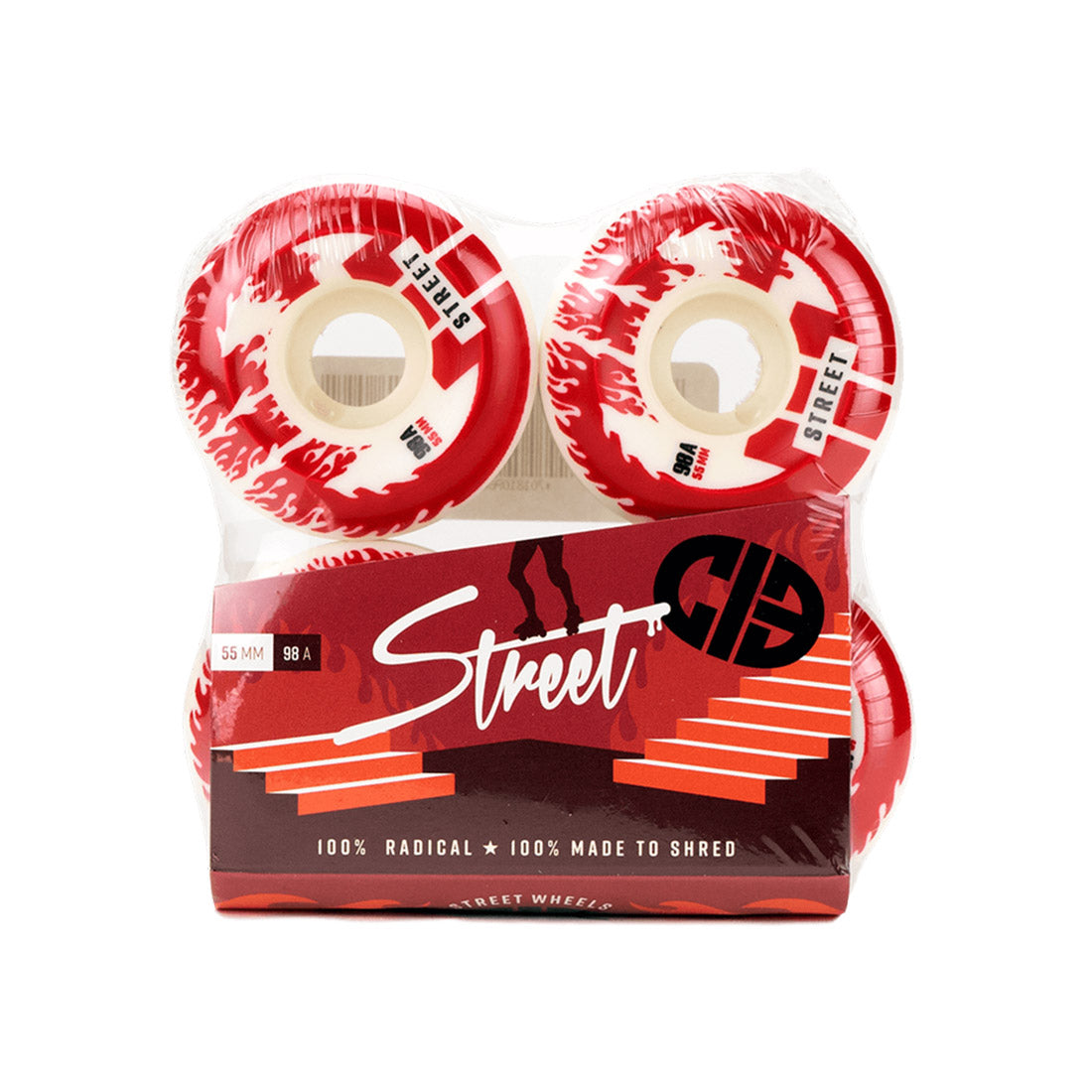 Reckless CIB Street 55mm 98a Wheels 4pk - White/Red Roller Skate Wheels